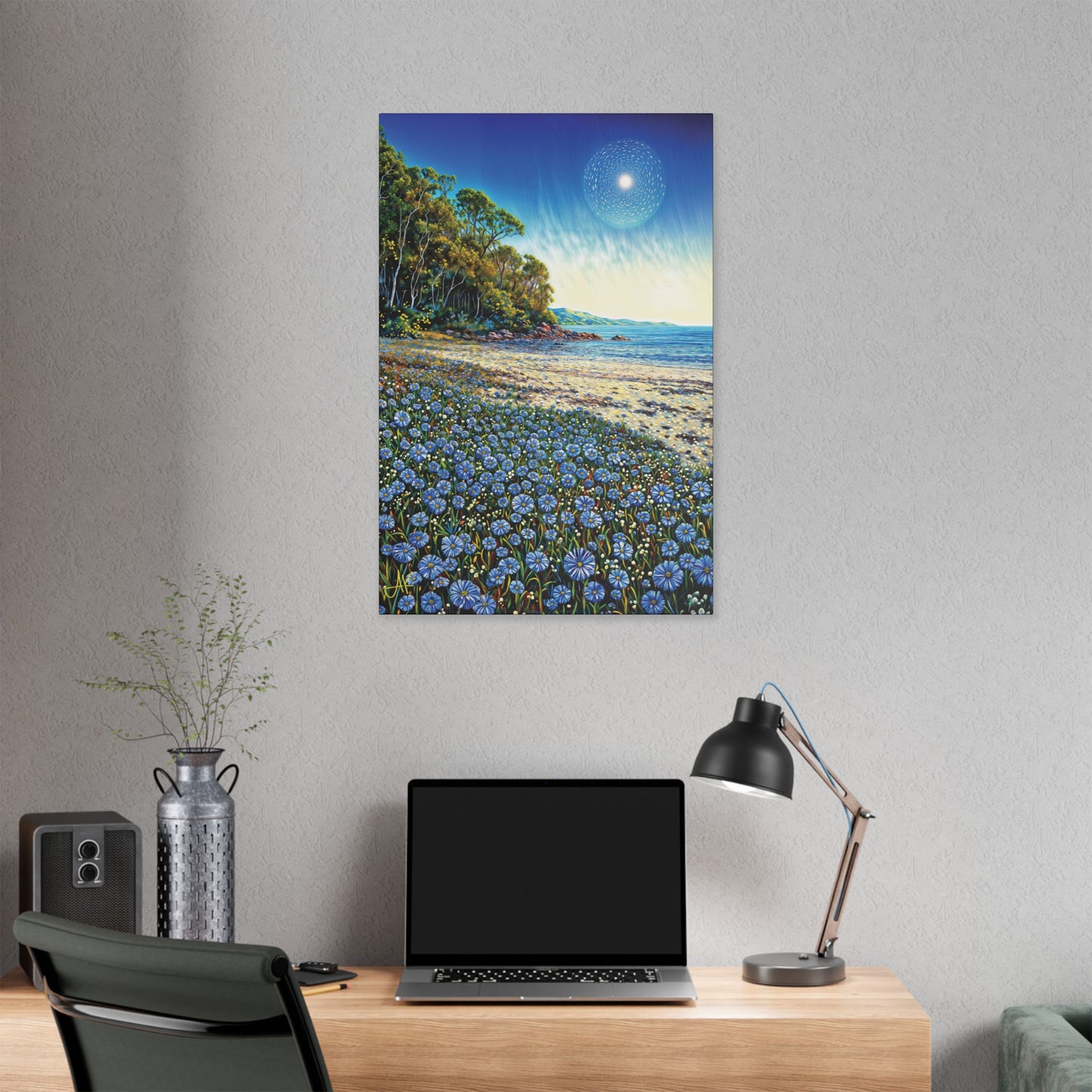 "Azure Petals on Silver Shore", Stretched Classic Canvas Fine Art Print