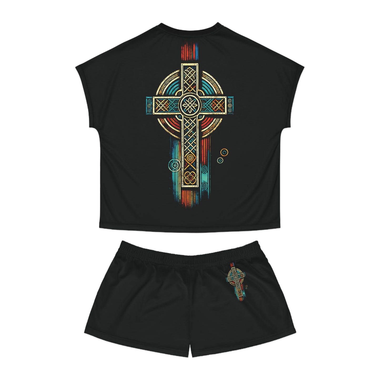 "Ancestral Faith", Wearable Art Women's Short Pajama Set (Black Collar)