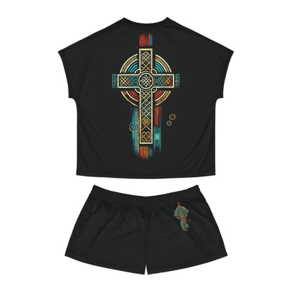 "Ancestral Faith", Wearable Art Women's Short Pajama Set (Black Collar)