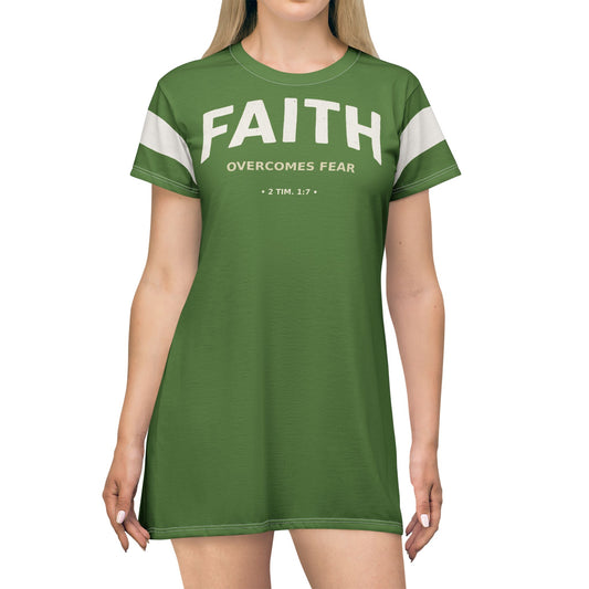 "Faith Overcomes Fear", T-Shirt Dress (Avocado Green)