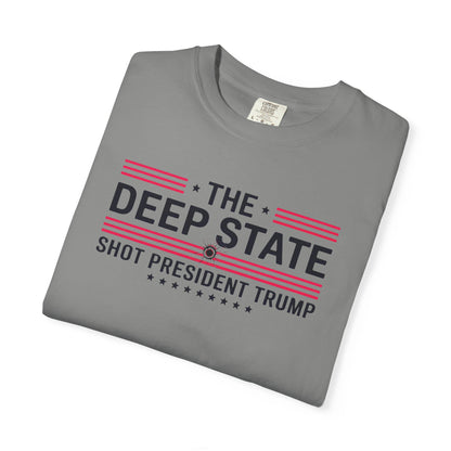 "The Deep State Shot President Trump" #02, Unisex White T-shirt