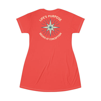 "Life's Purpose Begins at Conception #01", T-Shirt Dress (Retro Fade Red)