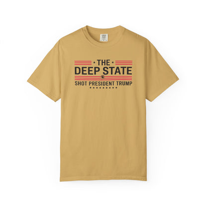 "The Deep State Shot President Trump" #02, Unisex White T-shirt