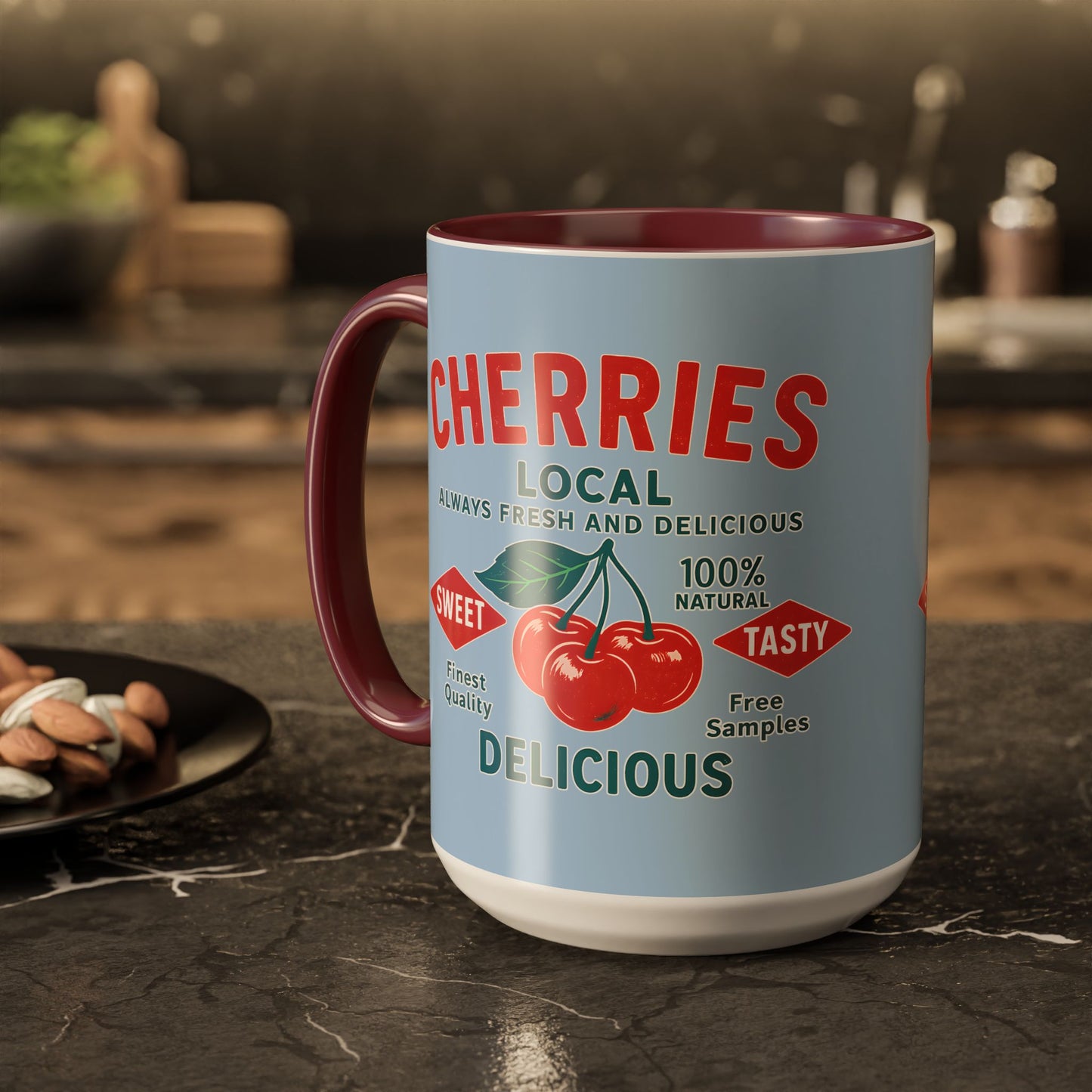 "Delicious Cherries", Colorful Mugs (11oz, 15oz) (Retro Sky)