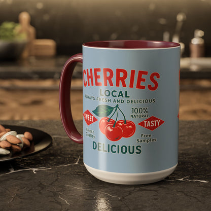 "Delicious Cherries", Colorful Mugs (11oz, 15oz) (Retro Sky)