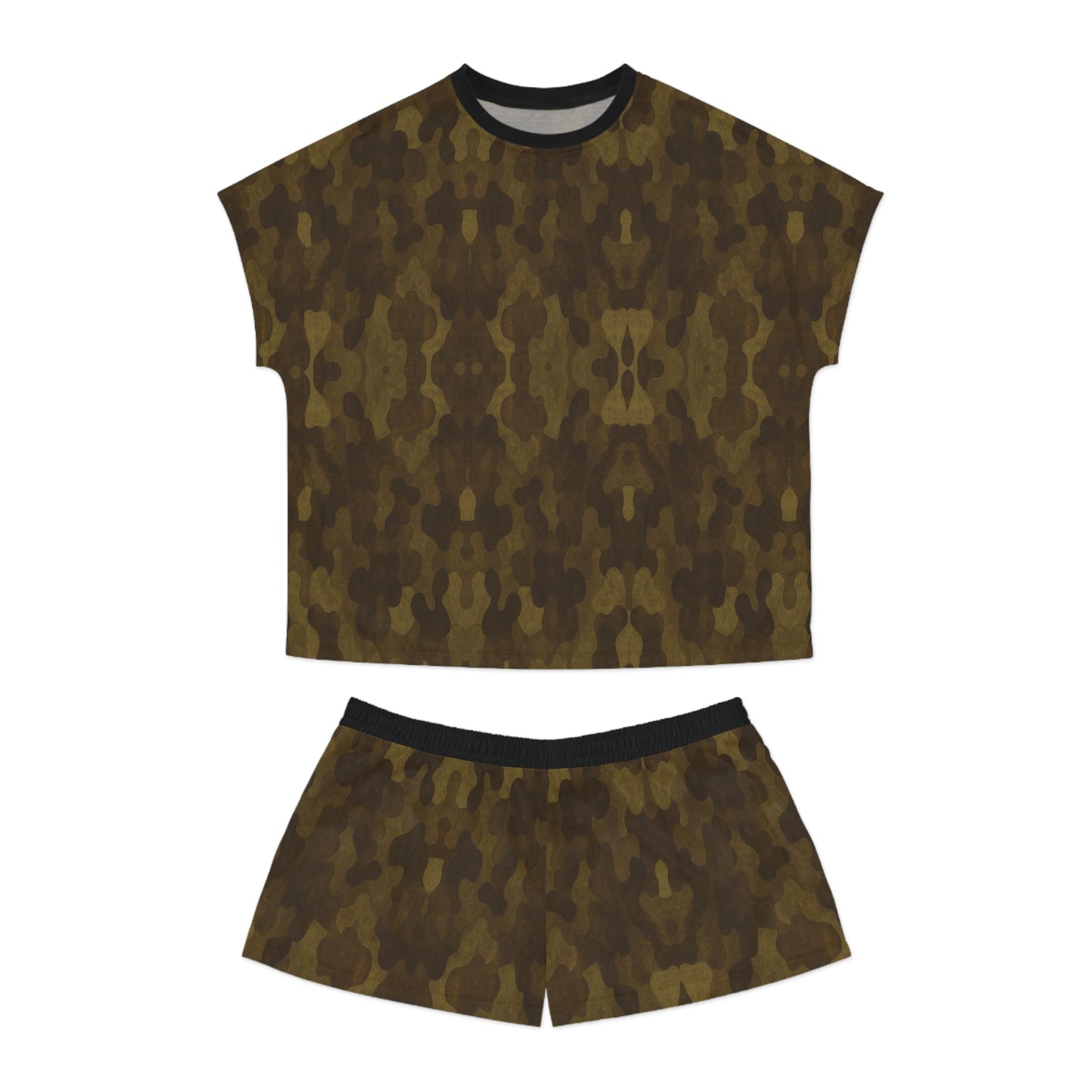 "Swamp Recon Camouflage", Women's Short Pajama Set (Black Collar & Waist)