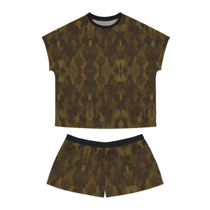 "Swamp Recon Camouflage", Women's Short Pajama Set (Black Collar & Waist)