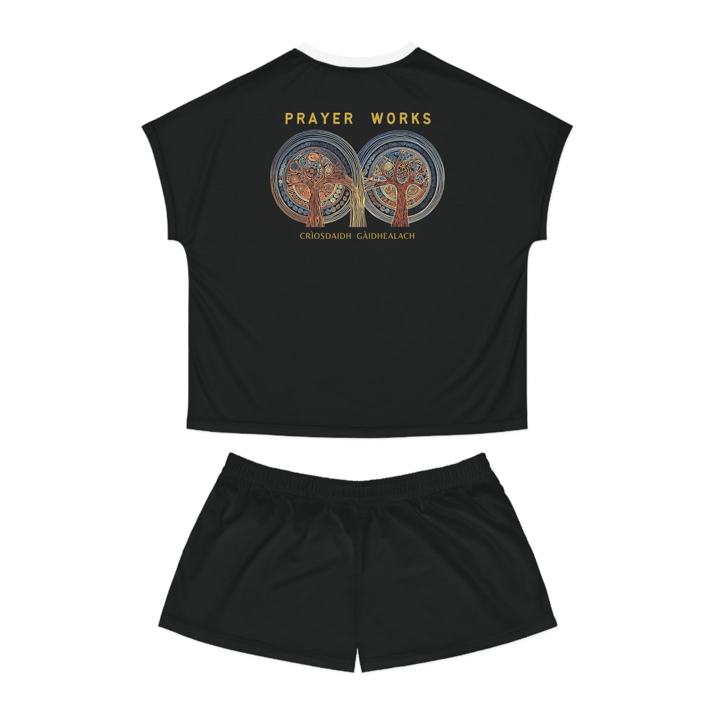 "Prayer Works - Criosdaidh Gàidhealach", Women's Short Pajama Set (White or Black Collar)