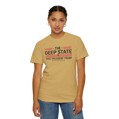 "The Deep State Shot President Trump" #02, Unisex White T-shirt