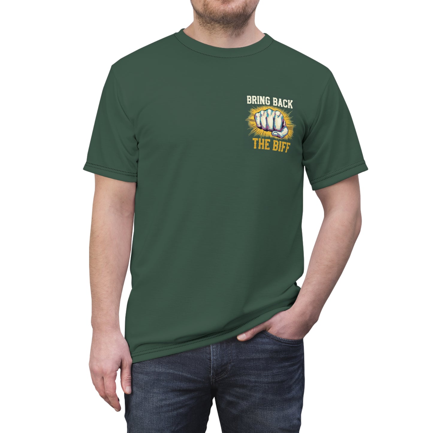 "Bring Back The Biff", Unisex T-shirt (Old Growth Green)