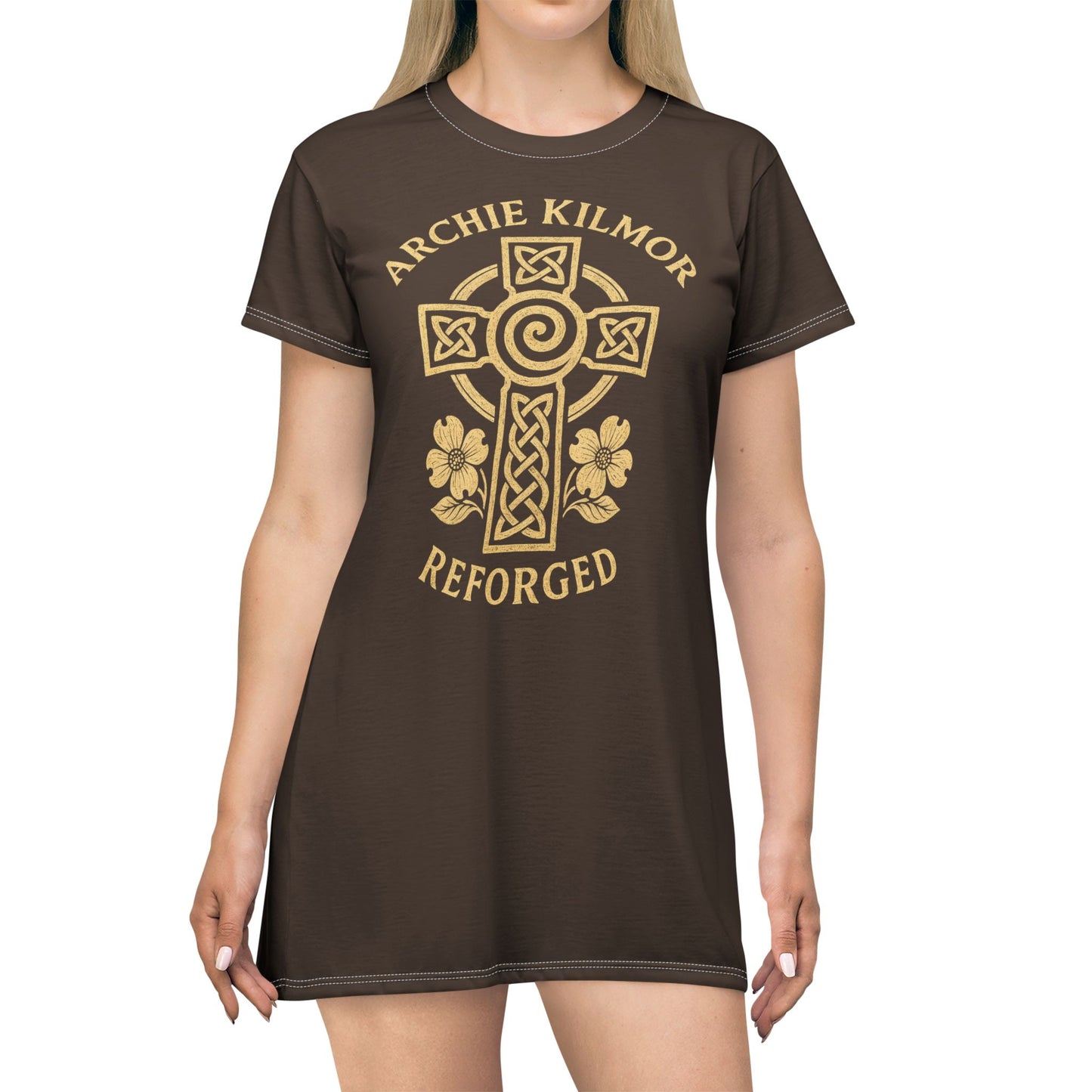 "Archie Kilmor Cross - Reforged" #01, Wearable Art T-Shirt Dress (Dark Chocolate Brown)
