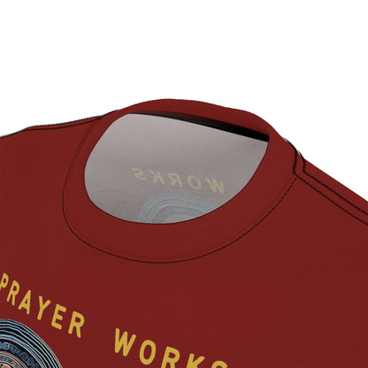 "Prayer Works – Gaelic Christian", Wearable Fine Art Unisex T-shirt (Emberline Red)