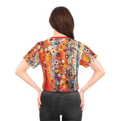 "Raining Flowers", Wearable Fine Art Crop Tee (Scarlet Red Collar)