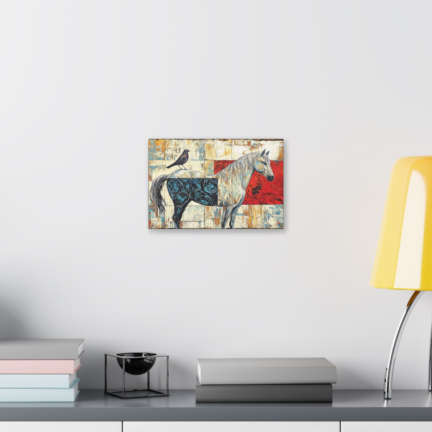 "Series: White Horse with Bird #01", Stretched Classic Canvas Fine Art Print