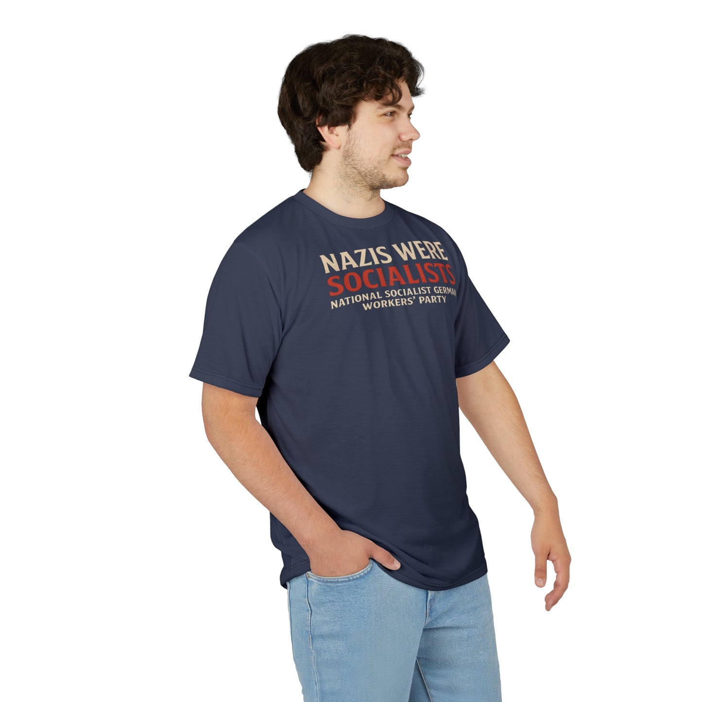 "Nazis were Socialists", Unisex T-shirt (Burka Blue Grey)