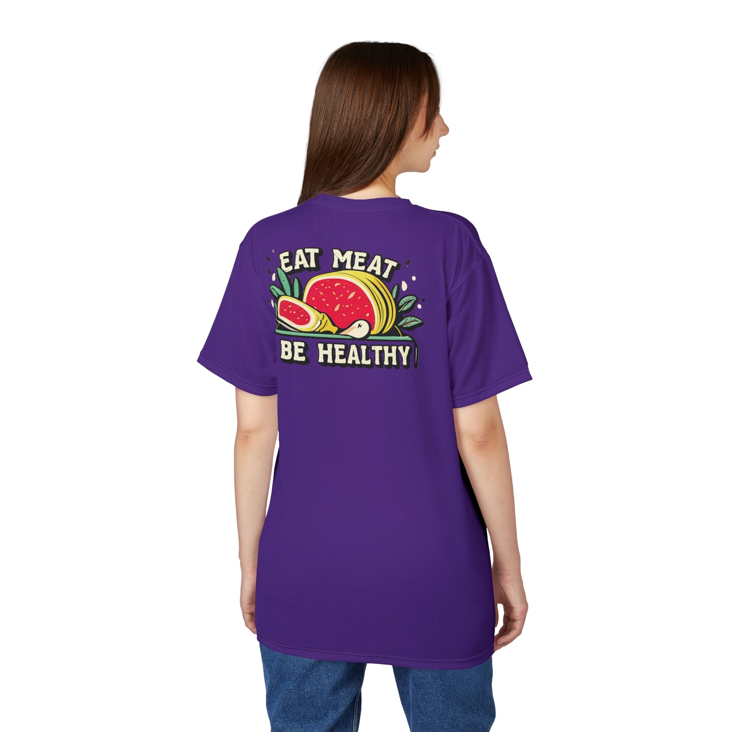 "Eat Meat & Be Healthy", Unisex T-shirt (Deep Purple)