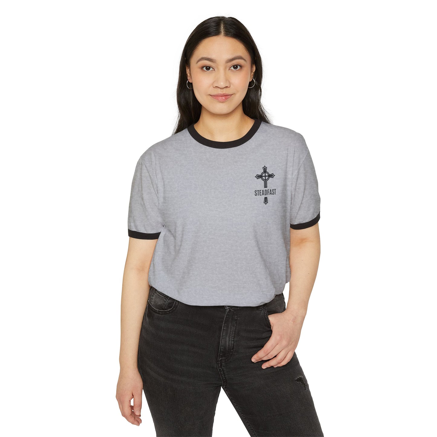 "Steadfast Cross", Unisex Cotton Ringer T-Shirt