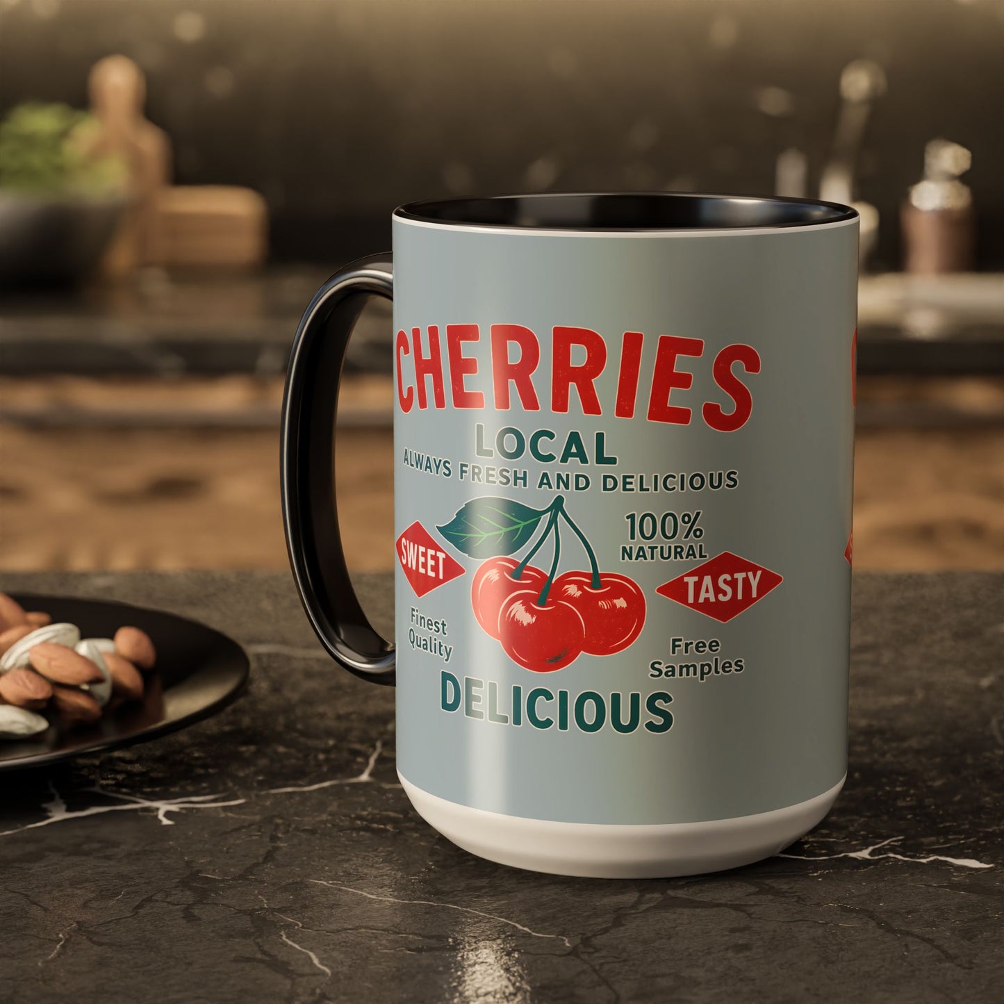 "Delicious Cherries", Colorful Mugs (11oz, 15oz) (Washed Silver-Blue)