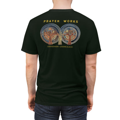 "Prayer Works – Gaelic Christian", Wearable Fine Art Unisex T-shirt (Blackstone Green)