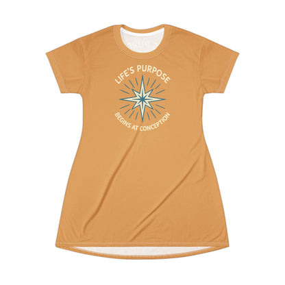 "Life's Purpose Begins at Conception #01", T-Shirt Dress (Earth Brown)