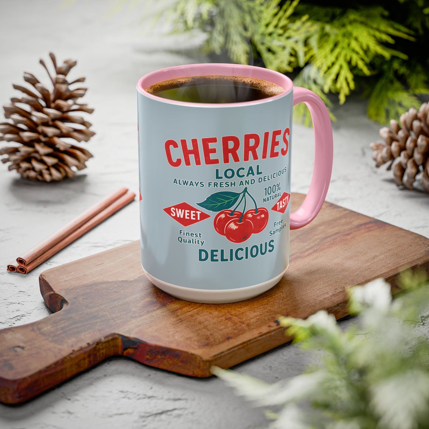 "Delicious Cherries", Colorful Mugs (11oz, 15oz) (Washed Silver-Blue)