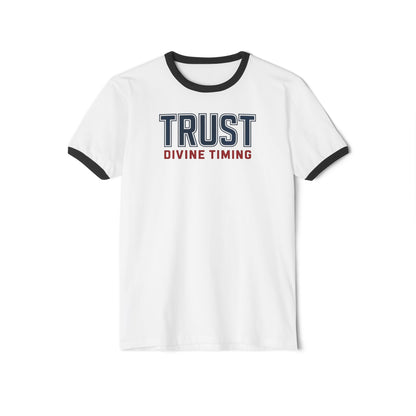 "Trust Divine Timing" #02, Unisex Cotton Ringer T-Shirt