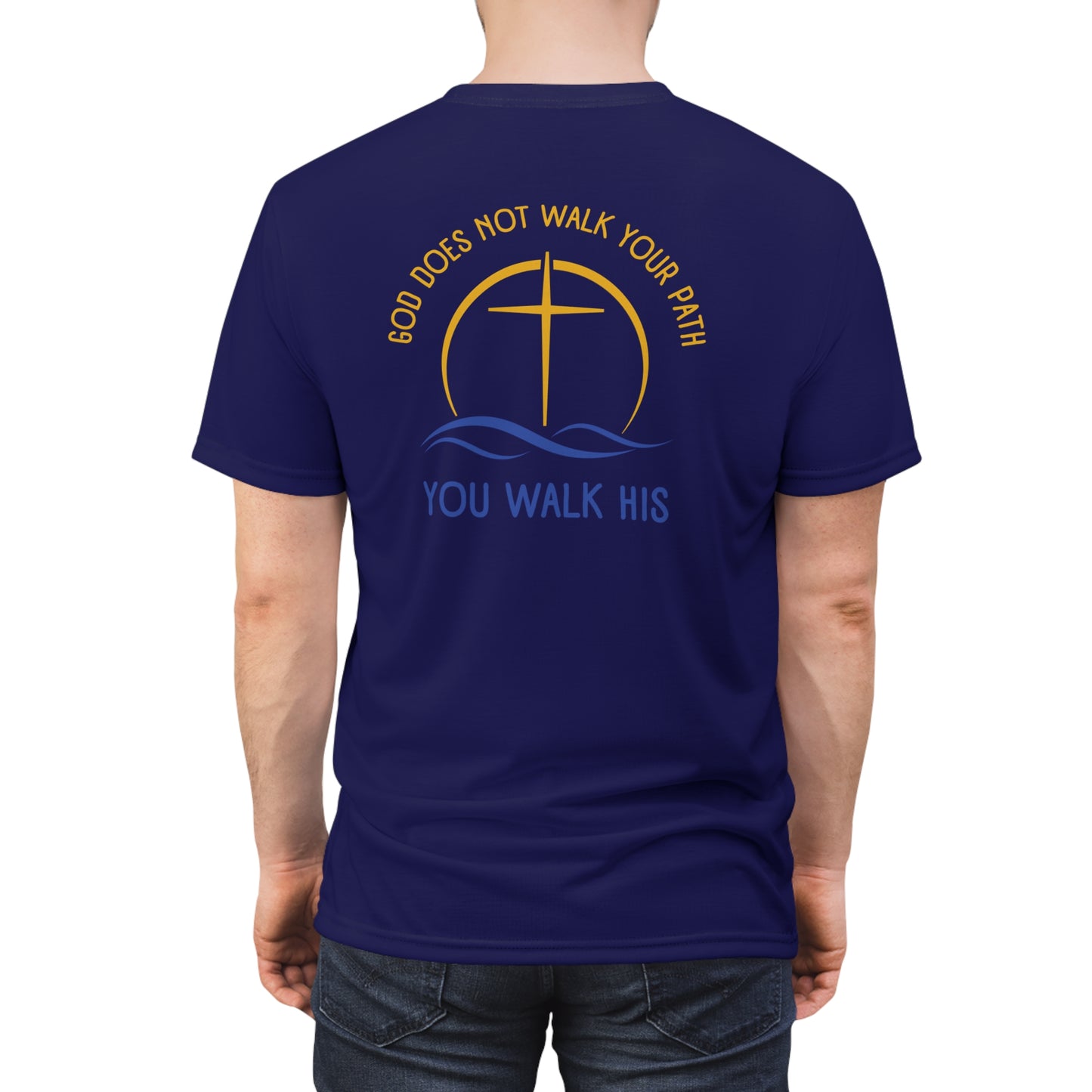 "God Does Not Walk Your Path", Unisex T-shirt (Obsidian Blue)
