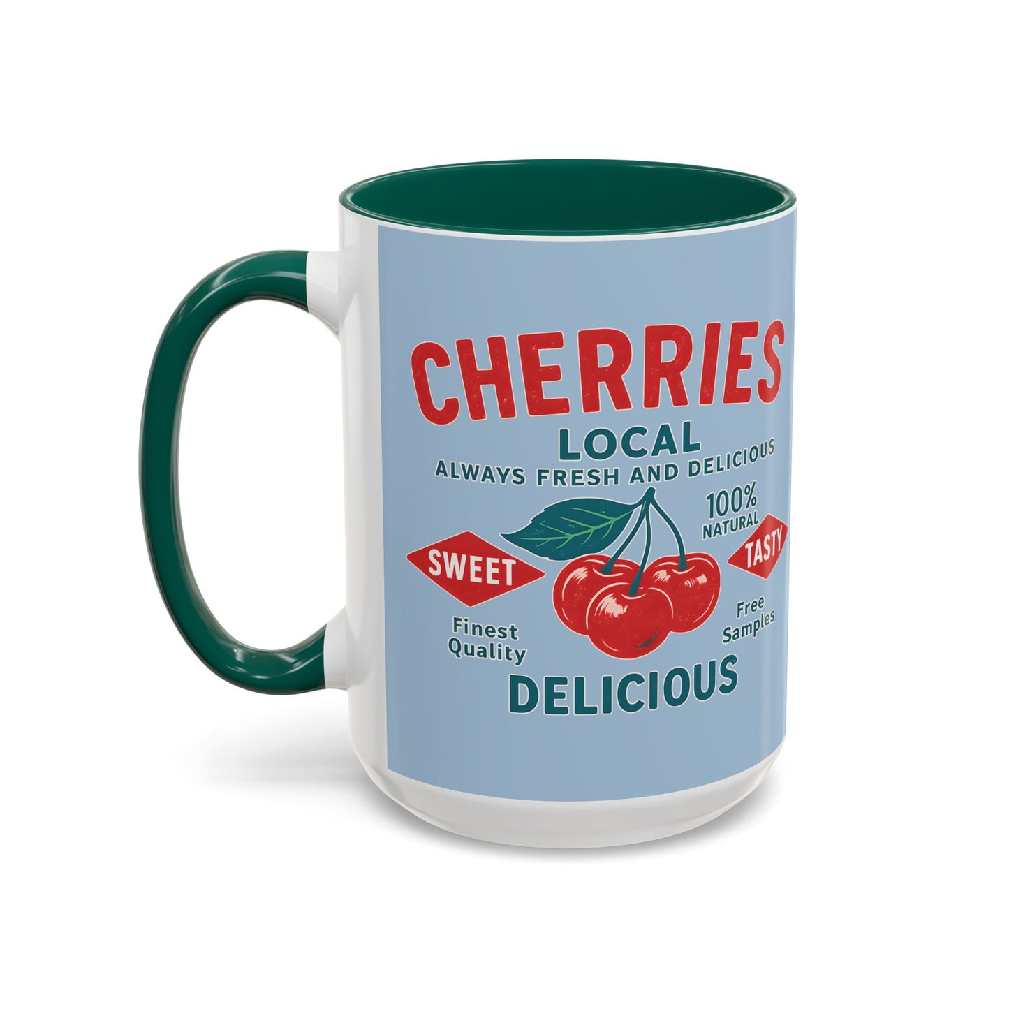 "Delicious Cherries", Colorful Mugs (11oz, 15oz) (Retro Sky)