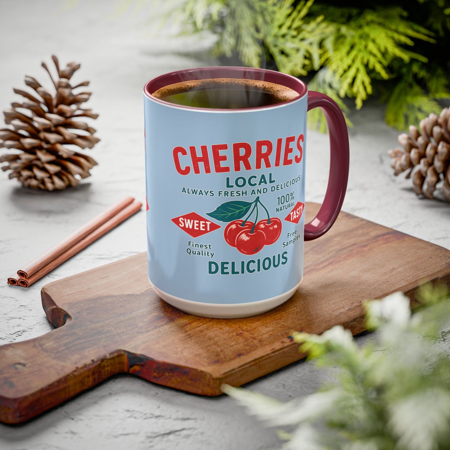 "Delicious Cherries", Colorful Mugs (11oz, 15oz) (Retro Sky)