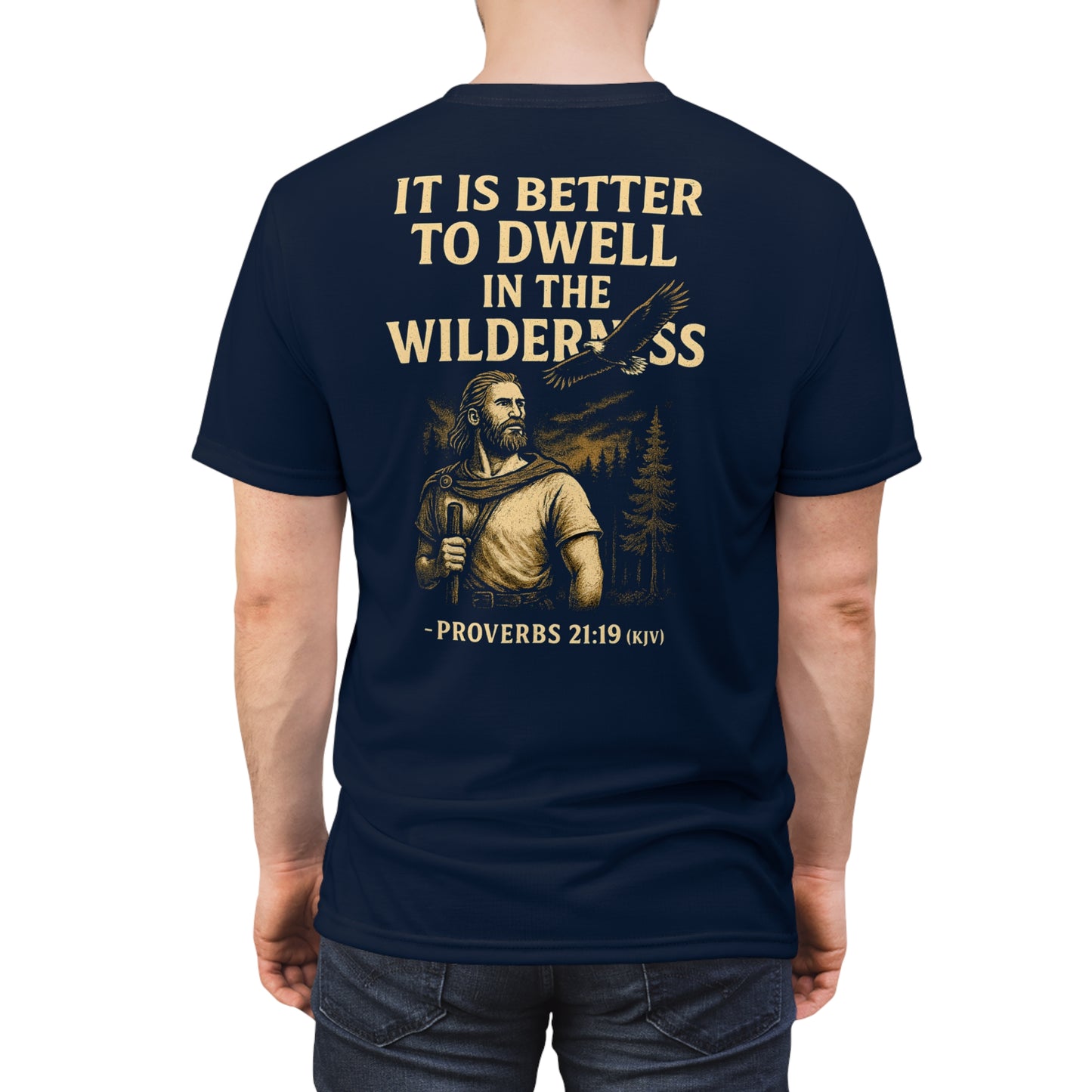 "Proverbs 21:19 (KJV)", Wearable Art Unisex T-shirt (Dark Cambridge Blue)