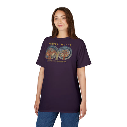 "Prayer Works – Gaelic Christian", Wearable Fine Art Unisex T-shirt (Dark Bramble)