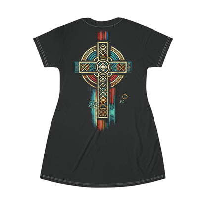 "Ancestral Faith", Wearable Art T-Shirt Dress (Void Black)
