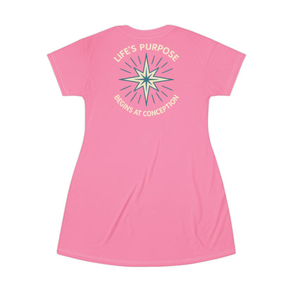 "Life's Purpose Begins at Conception #01", T-Shirt Dress (Carnation Pink)