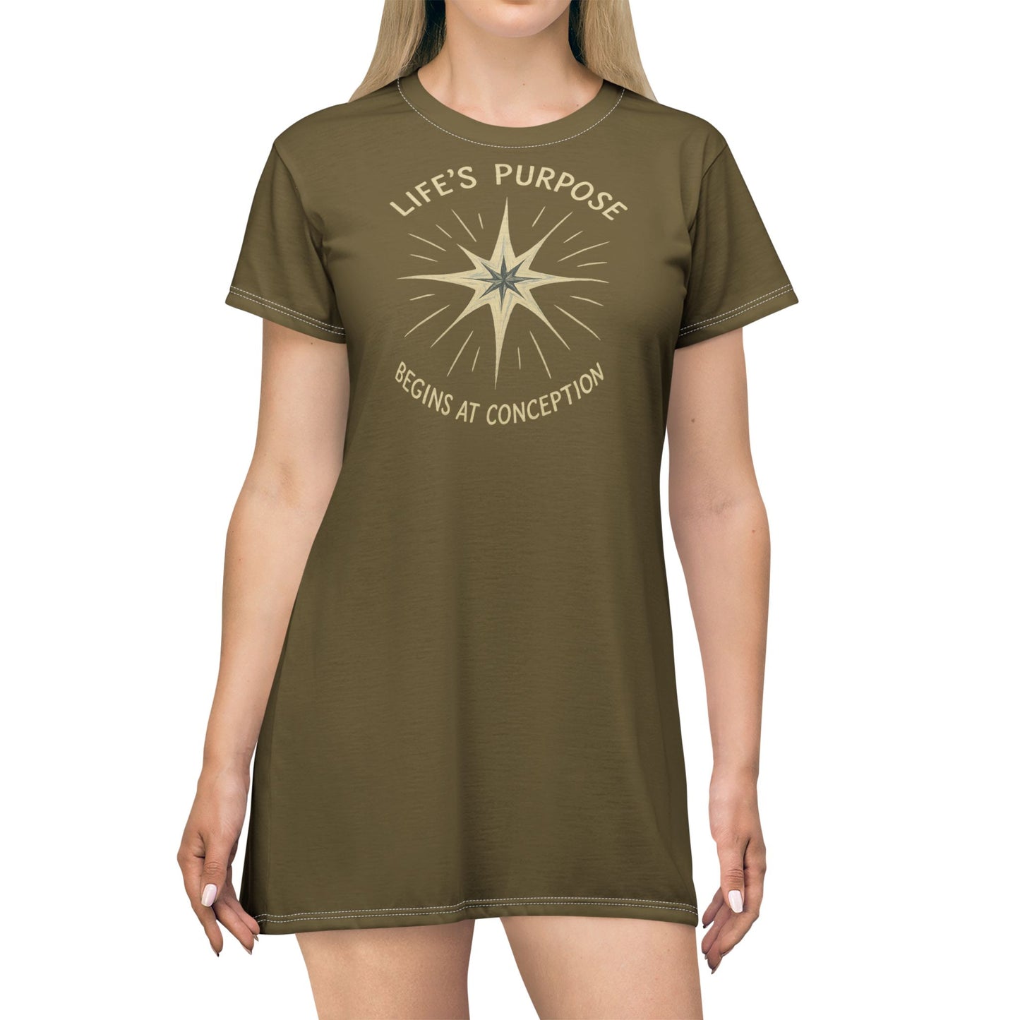 "Life's Purpose Begins at Conception #02", T-Shirt Dress (Bogbrush Olive)