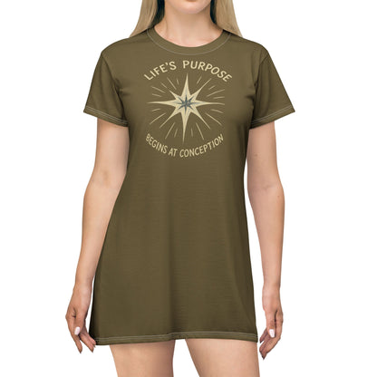 "Life's Purpose Begins at Conception #02", T-Shirt Dress (Bogbrush Olive)