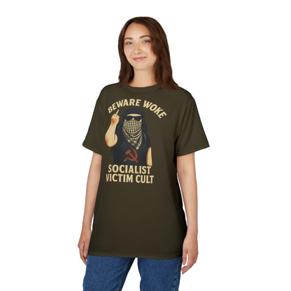 "Beware Woke - Voltaire", Wearable Art Unisex T-shirt (Olive Drab Brown)