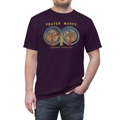 "Prayer Works – Gaelic Christian", Wearable Fine Art Unisex T-shirt (Dark Bramble)