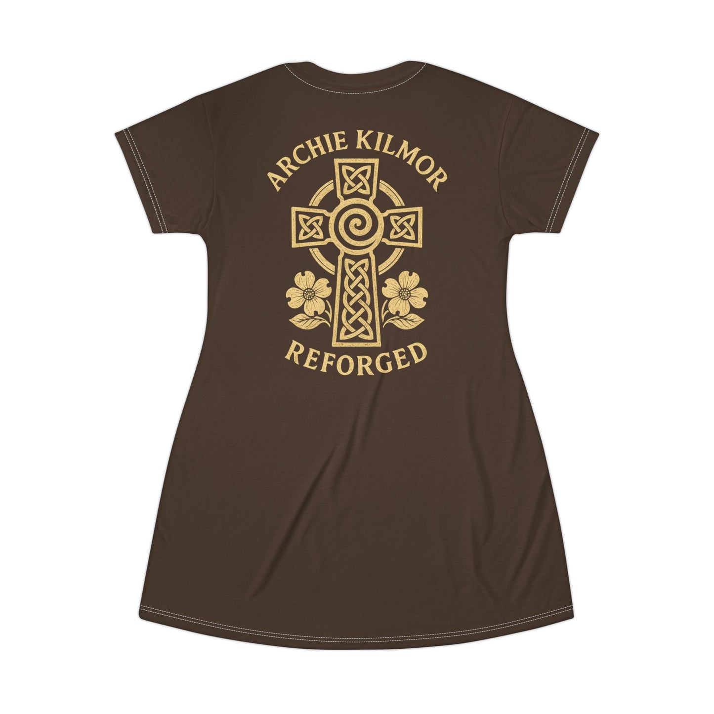 "Archie Kilmor Cross - Reforged" #01, Wearable Art T-Shirt Dress (Dark Chocolate Brown)