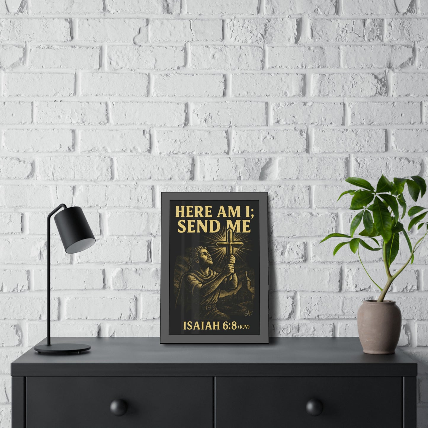 "Isaiah 6:8 (KJV)", Framed Paper Poster (Shadow Black)