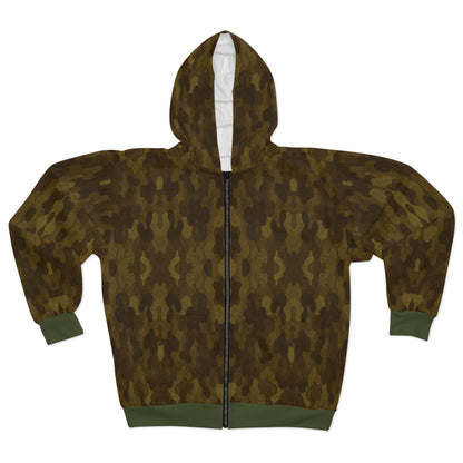 "Swamp Recon Camouflage", Unisex Wearable Art Zip Hoodie (Fen Moss Green Cuffs and Waist)