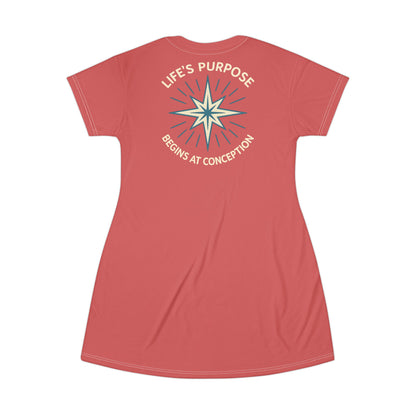 "Life's Purpose Begins at Conception #01", T-Shirt Dress (Faded Cherry)
