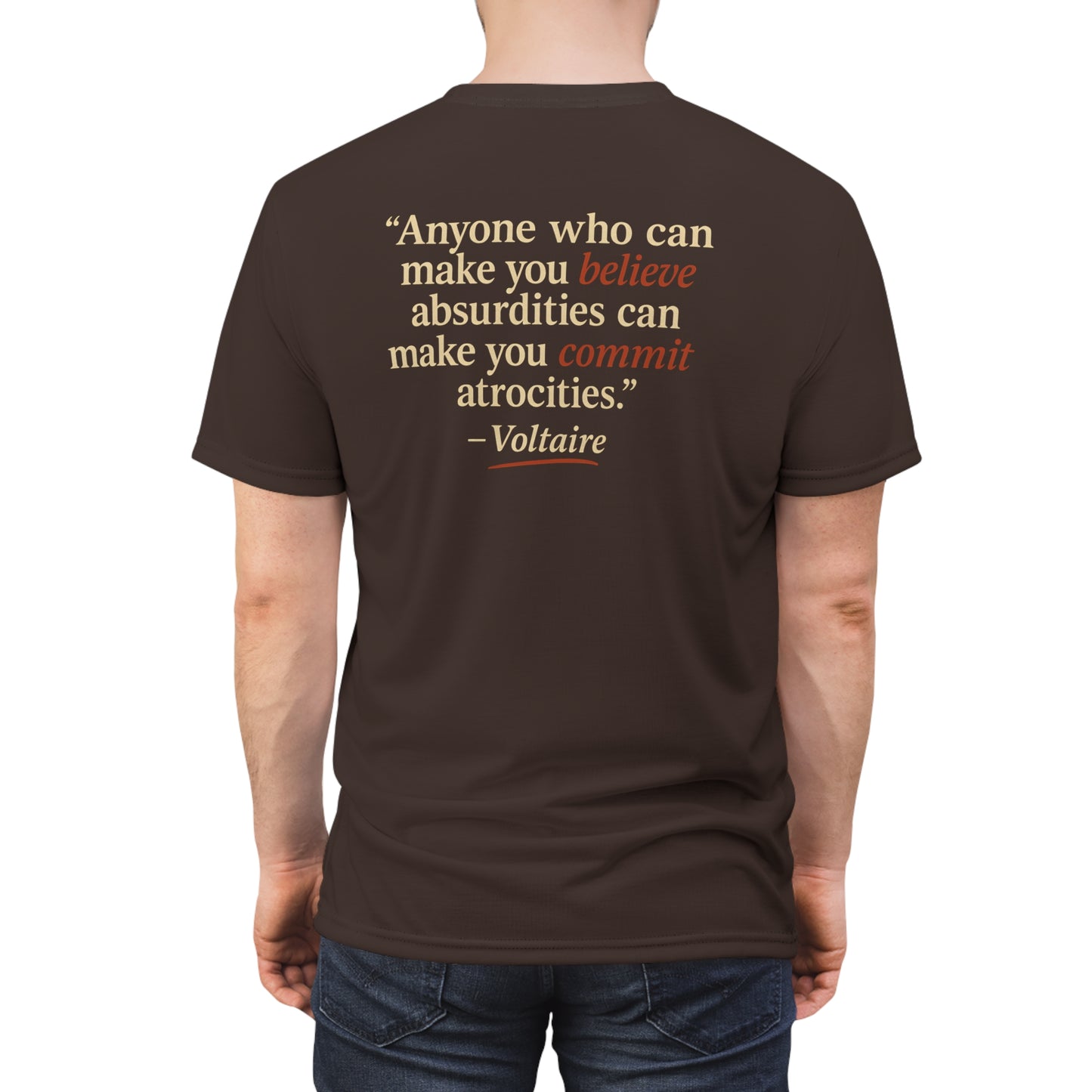 "Beware Woke - Voltaire", Wearable Art Unisex T-shirt (Skilandis Brown)