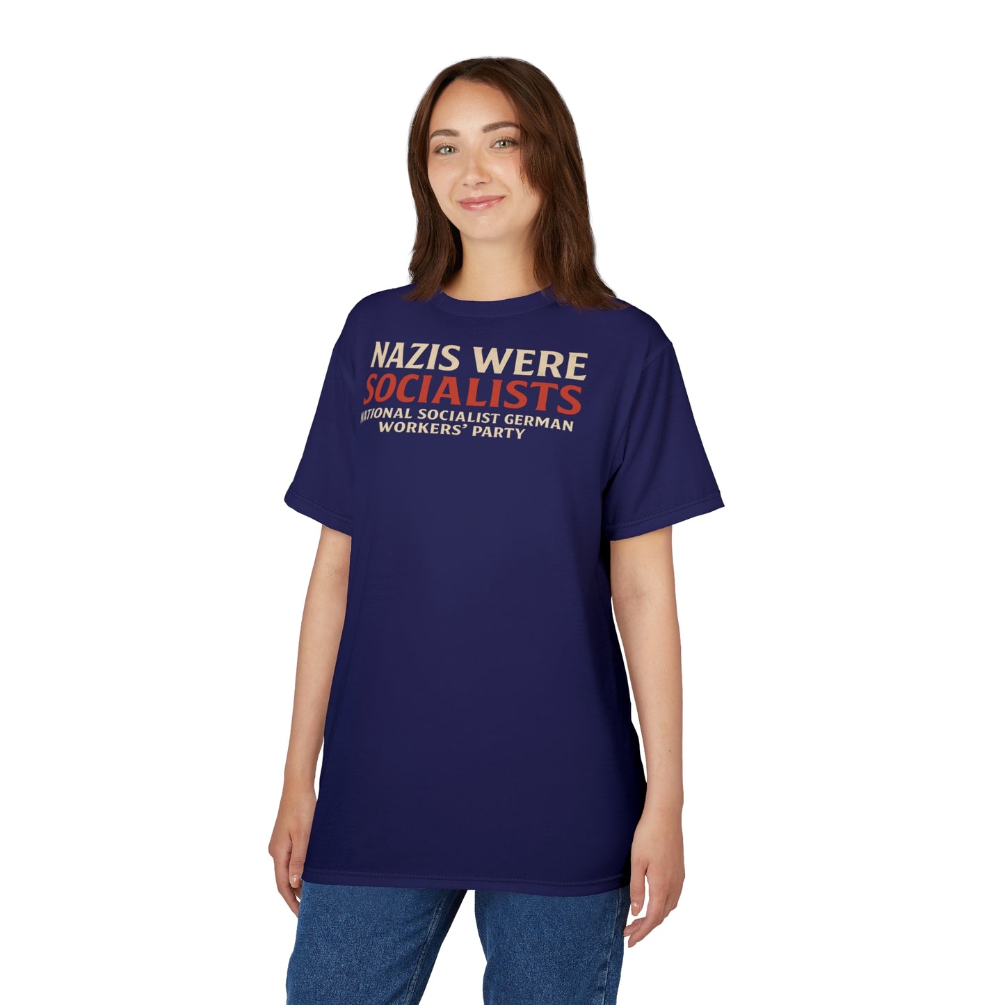 "Nazis were Socialists", Unisex T-shirt (Obsidian Blue)
