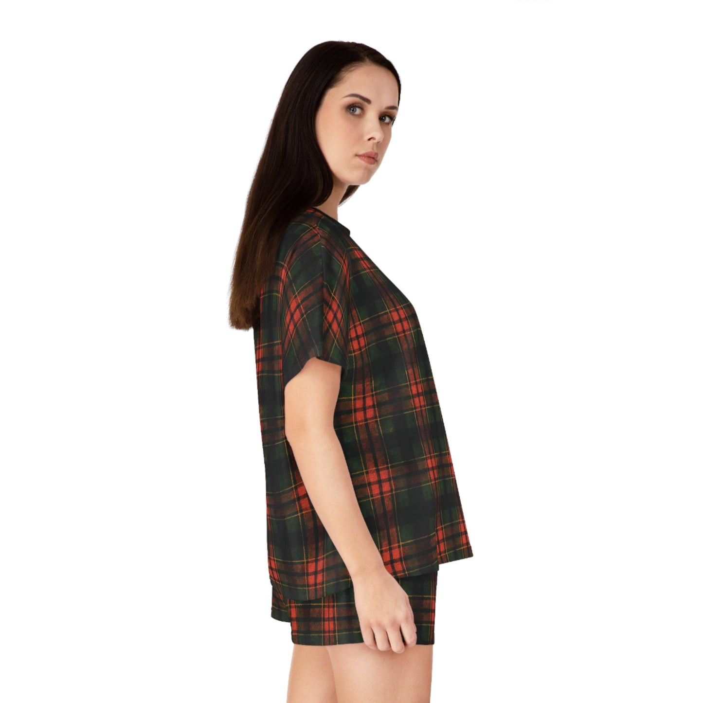 "Kilmor Brieve Tartan", Women's Short Pajama Set (Black Collar & Waist)