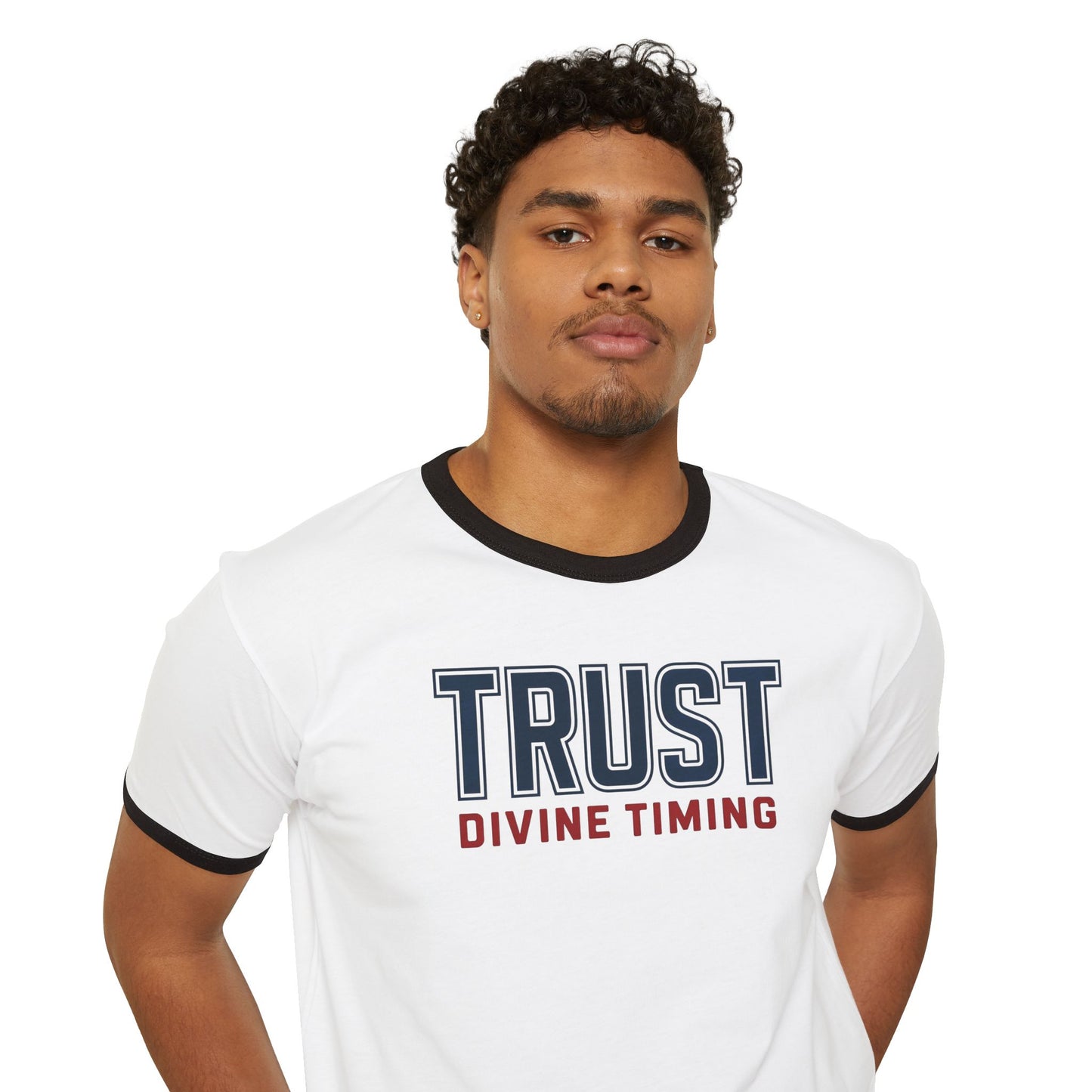 "Trust Divine Timing" #02, Unisex Cotton Ringer T-Shirt