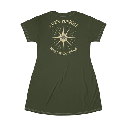 "Life's Purpose Begins at Conception #02", T-Shirt Dress (Commando Green)