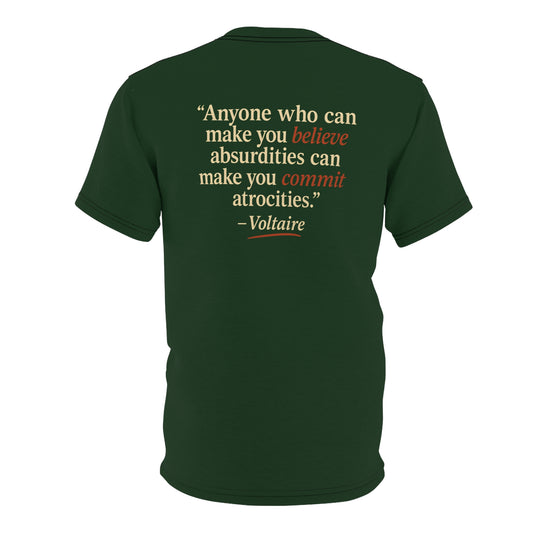 "Beware Woke - Voltaire", Wearable Art Unisex T-shirt (Mireleaf Green)