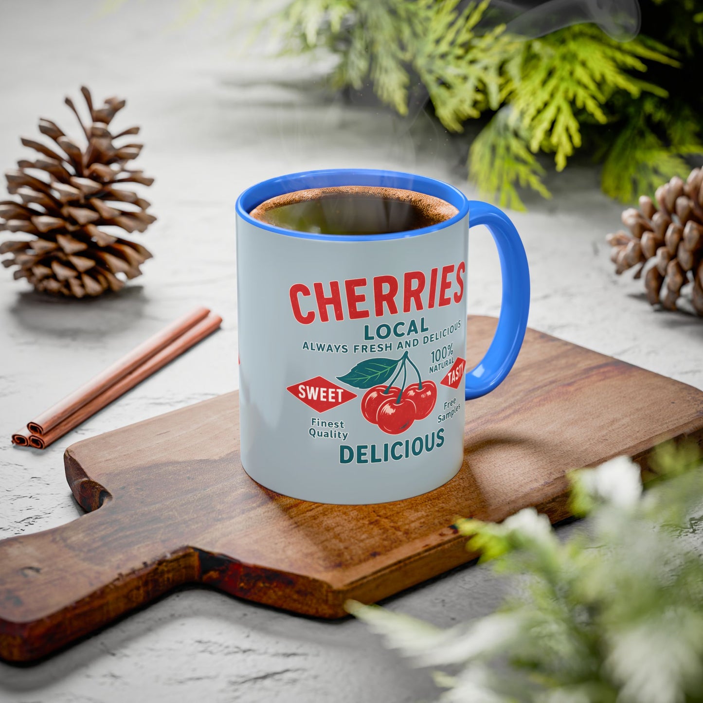"Delicious Cherries", Colorful Mugs (11oz, 15oz) (Washed Silver-Blue)