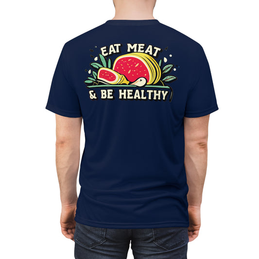 "Eat Meat & Be Healthy", Unisex T-shirt (Deep Ocean Blue)