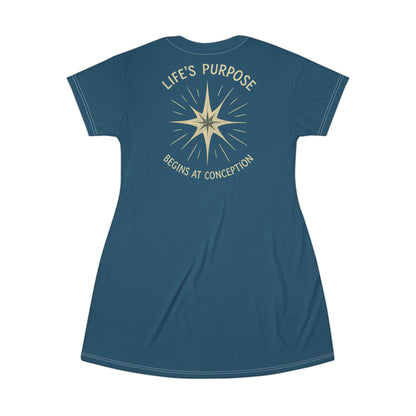 "Life's Purpose Begins at Conception #02", T-Shirt Dress (Manannán Blue)